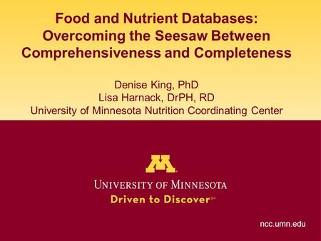 Food and Nutrient Databases: Overcoming the Seesaw Between Comprehensiveness and Completeness Denise King, PhD Lisa Harnack, DrPH, RD University of Minnesota.
