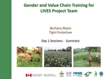 Berhanu Biazin Tigist Endashaw Day 1 Sessions - Summary Gender and Value Chain Training for LIVES Project Team.