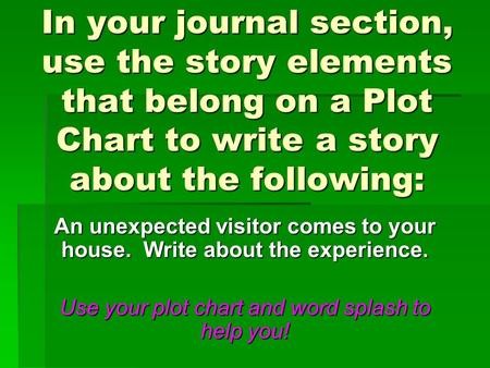 In your journal section, use the story elements that belong on a Plot Chart to write a story about the following: An unexpected visitor comes to your house.