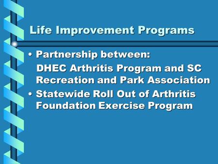Life Improvement Programs Partnership between:Partnership between: DHEC Arthritis Program and SC Recreation and Park Association Statewide Roll Out of.