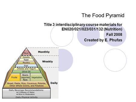 The Food Pyramid Title 3 interdisciplinary course materials for EN020/021/023/031/132 (Nutrition) Fall 2008 Created by E. Phufas.