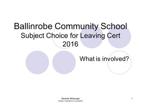 Rachelle McDonagh Career Guidance Counsellor 1 Ballinrobe Community School Subject Choice for Leaving Cert 2016 What is involved?