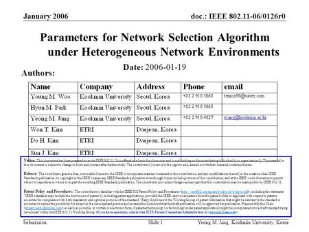 Doc.: IEEE 802.11-06/0126r0 Submission January 2006 Yeong M. Jang, Kookmin University, KoreaSlide 1 Parameters for Network Selection Algorithm under Heterogeneous.