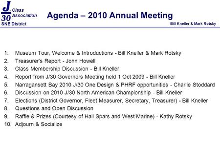 Class Association SNE District Agenda – 2010 Annual Meeting 1.Museum Tour, Welcome & Introductions - Bill Kneller & Mark Rotsky 2.Treasurer’s Report -