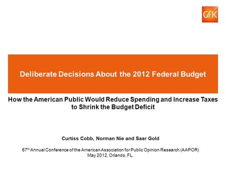 © GfK 2012 | Title of presentation | DD. Month 2012 1 Deliberate Decisions About the 2012 Federal Budget How the American Public Would Reduce Spending.
