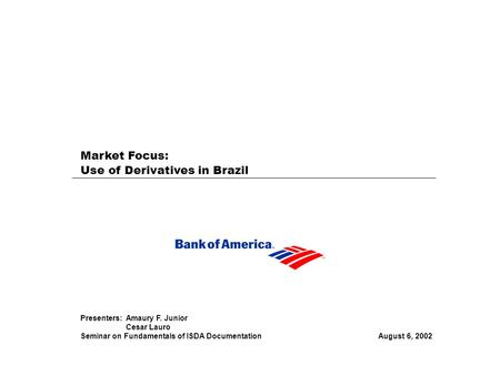 Market Focus: Use of Derivatives in Brazil Presenters: Amaury F. Junior Cesar Lauro Seminar on Fundamentals of ISDA Documentation August 6, 2002.
