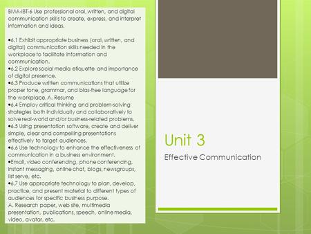 Unit 3 Effective Communication BMA-IBT-6 Use professional oral, written, and digital communication skills to create, express, and interpret information.