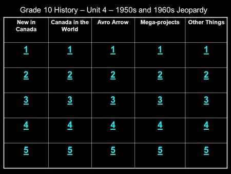 Grade 10 History – Unit 4 – 1950s and 1960s Jeopardy New in Canada Canada in the World Avro ArrowMega-projectsOther Things 11111 22222 33333 44444 55555.