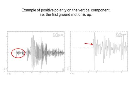 Example of positive polarity on the vertical component, i.e. the first ground motion is up.
