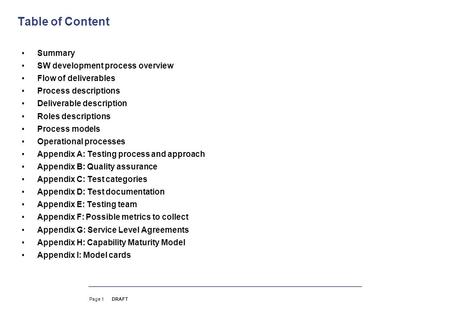 Table of Content Summary SW development process overview