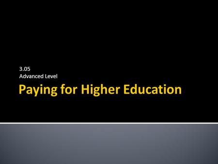3.05 Advanced Level. Take Charge Today– August 2013 – Paying for Higher Education – Slide 2 Funded by a grant from Take Charge America, Inc. to the Norton.