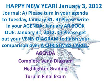 HAPPY NEW YEAR! January 3, 2012 Journal: A) Please turn in your agenda to Tuesday, January 31. B) Please write in your AGENDA: January AR BOOK DUE: January.