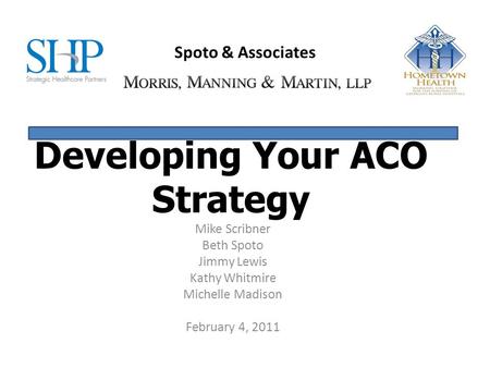 Developing Your ACO Strategy Mike Scribner Beth Spoto Jimmy Lewis Kathy Whitmire Michelle Madison February 4, 2011 Spoto & Associates.