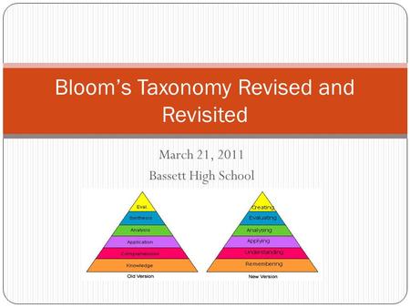 March 21, 2011 Bassett High School Bloom’s Taxonomy Revised and Revisited.