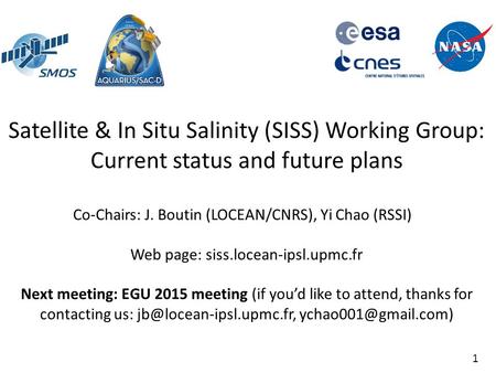 1 Satellite & In Situ Salinity (SISS) Working Group: Current status and future plans Co-Chairs: J. Boutin (LOCEAN/CNRS), Yi Chao (RSSI) Web page: siss.locean-ipsl.upmc.fr.