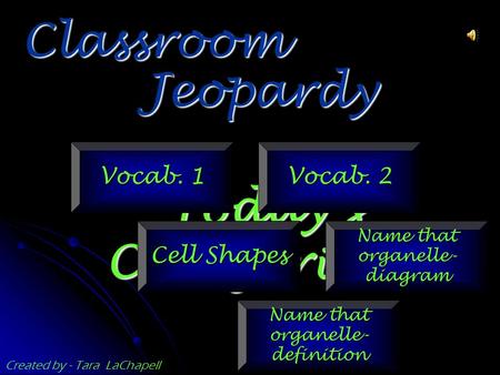 Jeopardy Classroom Today’s Categories… Vocab. 1 Vocab. 2 Cell Shapes Name that organelle- diagram Name that organelle- definition Created by - Tara LaChapell.