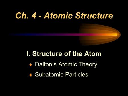 I. Structure of the Atom Dalton’s Atomic Theory Subatomic Particles
