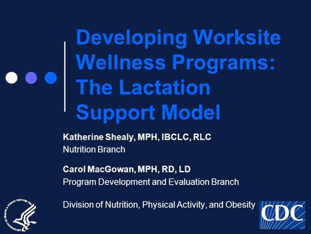 Developing Worksite Wellness Programs: The Lactation Support Model Katherine Shealy, MPH, IBCLC, RLC Nutrition Branch Carol MacGowan, MPH, RD, LD Program.