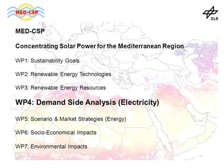 MED-CSP Concentrating Solar Power for the Mediterranean Region WP1: Sustainability Goals WP2: Renewable Energy Technologies WP3: Renewable Energy Resources.