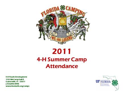 2011 4-H Summer Camp Attendance 4-H Youth Development 3103 McCarty Hall B Gainesville, FL 32611 (352)846-0996 www.florida4h.org/camps.