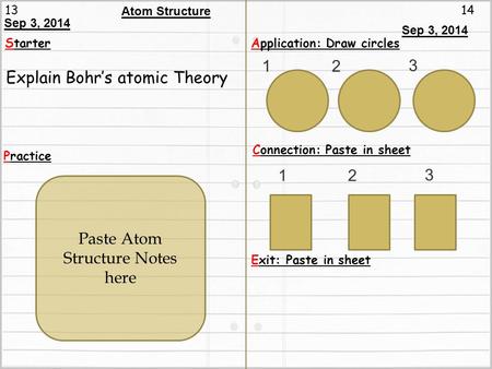 1314 Atom Structure Starter Practice Application: Draw circles Connection: Paste in sheet Exit: Paste in sheet Paste Atom Structure Notes here 12 3 Sep.