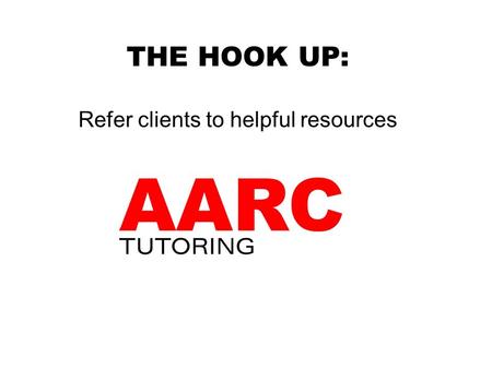 THE HOOK UP: Refer clients to helpful resources. FINANCIAL AID If they don’t have their textbooks with them, ask if they need a book loan. Those are available.