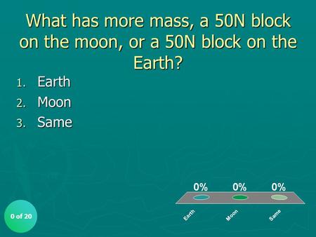 What has more mass, a 50N block on the moon, or a 50N block on the Earth? Same 0 of 20.