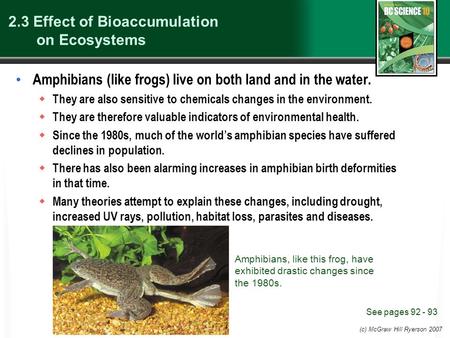 (c) McGraw Hill Ryerson 2007 2.3 Effect of Bioaccumulation on Ecosystems Amphibians (like frogs) live on both land and in the water.  They are also sensitive.