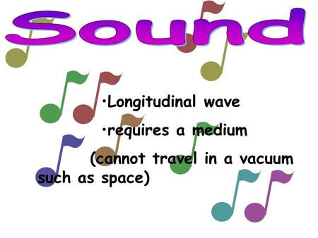 Longitudinal wave requires a medium (cannot travel in a vacuum such as space)