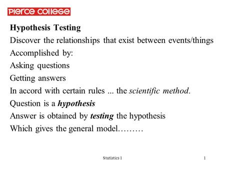 Statistics 11 Hypothesis Testing Discover the relationships that exist between events/things Accomplished by: Asking questions Getting answers In accord.
