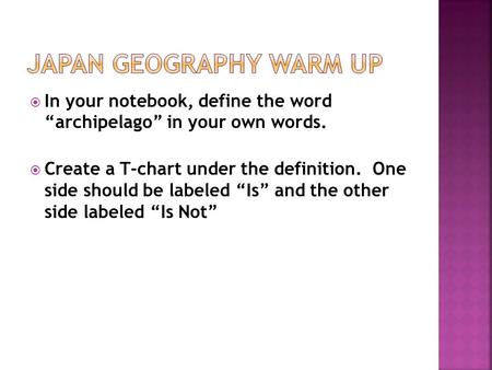  In your notebook, define the word “archipelago” in your own words.  Create a T-chart under the definition. One side should be labeled “Is” and the other.