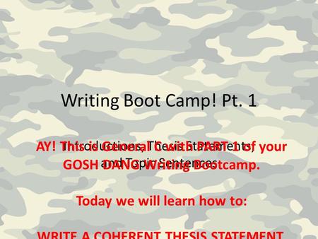 Writing Boot Camp! Pt. 1 Introductions, Thesis Statements, and Topic Sentences AY! This is General C with PART 1 of your GOSH DANG Writing Bootcamp. Today.