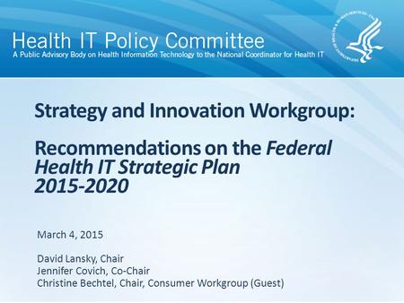 Strategy and Innovation Workgroup: Recommendations on the Federal Health IT Strategic Plan 2015-2020 March 4, 2015 David Lansky, Chair Jennifer Covich,
