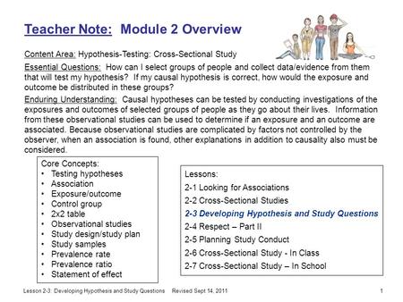 Lesson 2-3: Developing Hypothesis and Study Questions Teacher Note: Module 2 Overview Content Area: Hypothesis-Testing: Cross-Sectional Study Essential.