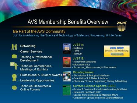 Be Part of the AVS Community Join Us in Advancing the Science & Technology of Materials, Processing, & Interfaces Networking Career Services Training &
