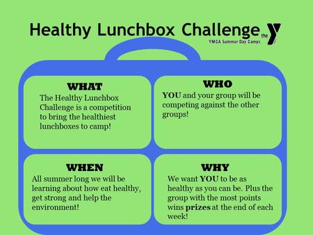 Healthy Lunchbox Challenge WHAT WHEN WHO WHY The Healthy Lunchbox Challenge is a competition to bring the healthiest lunchboxes to camp! YOU and your group.