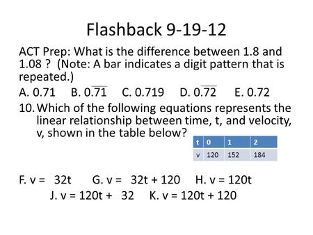 Flashback 9-19-12 ACT Prep: What is the difference between 1.8 and 1.08 ? (Note: A bar indicates a digit pattern that is repeated.) A. 0.71 B. 0.71.