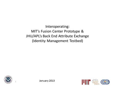 1 1 Interoperating: MIT’s Fusion Center Prototype & JHU/APL’s Back End Attribute Exchange (Identity Management Testbed) January 2013.