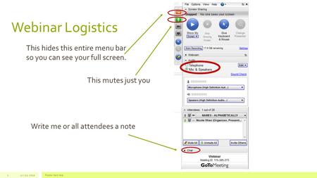 Webinar Logistics July 22, 2012Footer text here1 This hides this entire menu bar so you can see your full screen. This mutes just you Write me or all attendees.