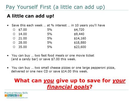 Pay Yourself First (a little can add up) A little can add up! Save this each week … at % interest … in 10 years you’ll have $7.005%$4,720 14.00 5% $9,440.