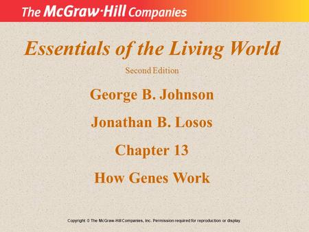 Essentials of the Living World Second Edition George B. Johnson Jonathan B. Losos Chapter 13 How Genes Work Copyright © The McGraw-Hill Companies, Inc.