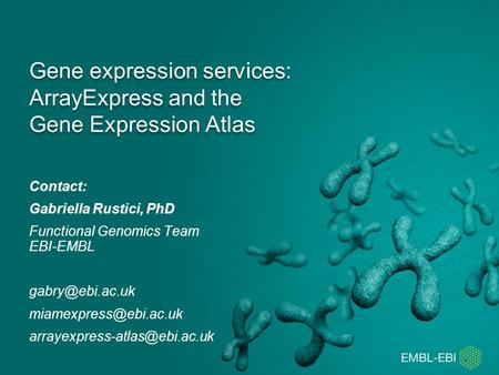 Gene expression services: ArrayExpress and the Gene Expression Atlas Contact: Gabriella Rustici, PhD Functional Genomics Team EBI-EMBL