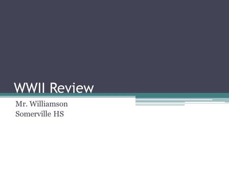 WWII Review Mr. Williamson Somerville HS. Format 20 Multiple Choice Questions at 2 Points each – 40 points 10 Matching Identifications at 2 points each.