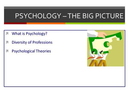 PSYCHOLOGY – THE BIG PICTURE  What is Psychology?  Diversity of Professions  Psychological Theories.