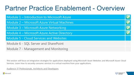Partner Practice Enablement - Overview This session will focus on integration strategies for applications deployed using Microsoft Azure Websites and Microsoft.