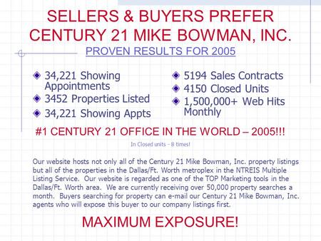 SELLERS & BUYERS PREFER CENTURY 21 MIKE BOWMAN, INC. PROVEN RESULTS FOR 2005 34,221 Showing Appointments 3452 Properties Listed 34,221 Showing Appts 5194.