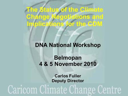 DNA National Workshop Belmopan 4 & 5 November 2010 Carlos Fuller Deputy Director The Status of the Climate Change Negotiations and Implications for the.