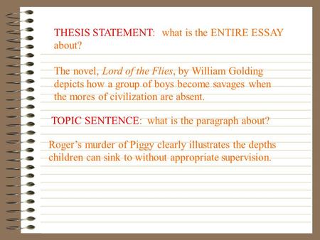 TOPIC SENTENCE: what is the paragraph about? Roger’s murder of Piggy clearly illustrates the depths children can sink to without appropriate supervision.