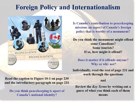 Read the caption to Figure 10-1 on page 230 and the introductory paragraph on page 231 Do you think peacekeeping is apart of Canada’s national identity?