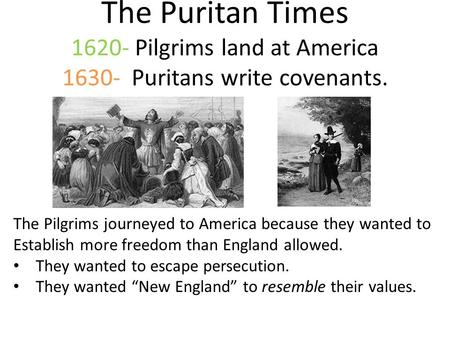 The Puritan Times 1620- Pilgrims land at America 1630- Puritans write covenants. The Pilgrims journeyed to America because they wanted to Establish more.
